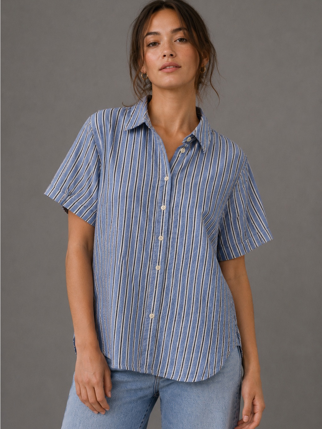 Madewell Blue White Striped Short Sleeve Button Down Shirt Women’s Small
